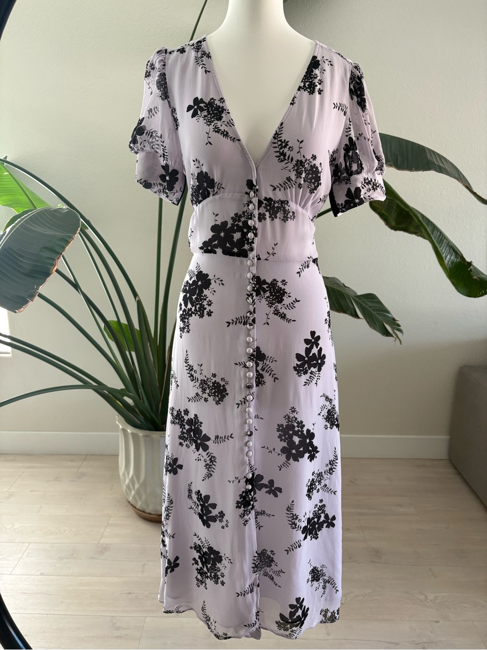 Michael Kors Lilac and Black Floral Button-Front Midi Dress